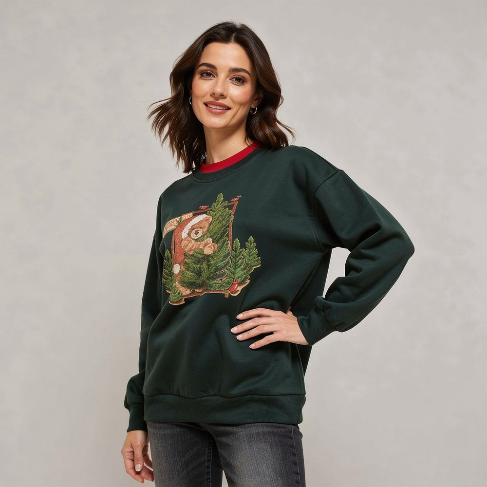Morning Sun Vintage Green Red Christmas Bear Sweatshirt -Small/Petite